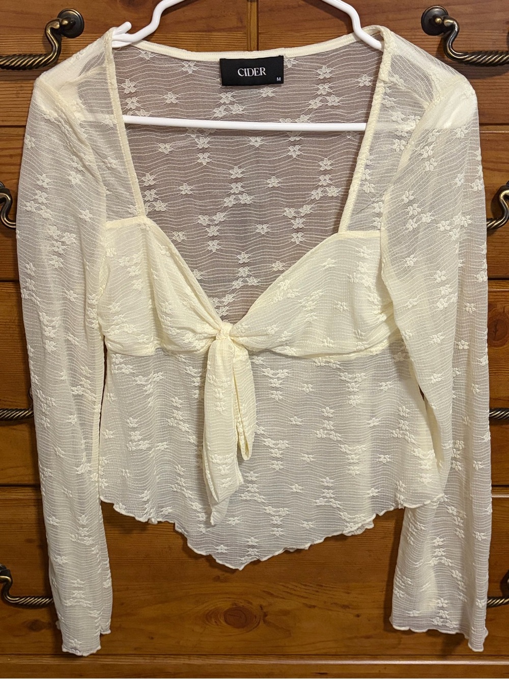 Cider Cream Sheer Lace Tie-Front Crop Top